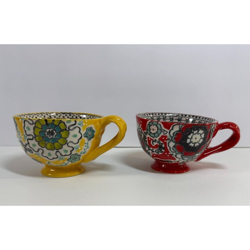Set Of 2 Anthropologie Elka Ayala Hand-Painted Ceramic Mugs/Cups Twisted Handles